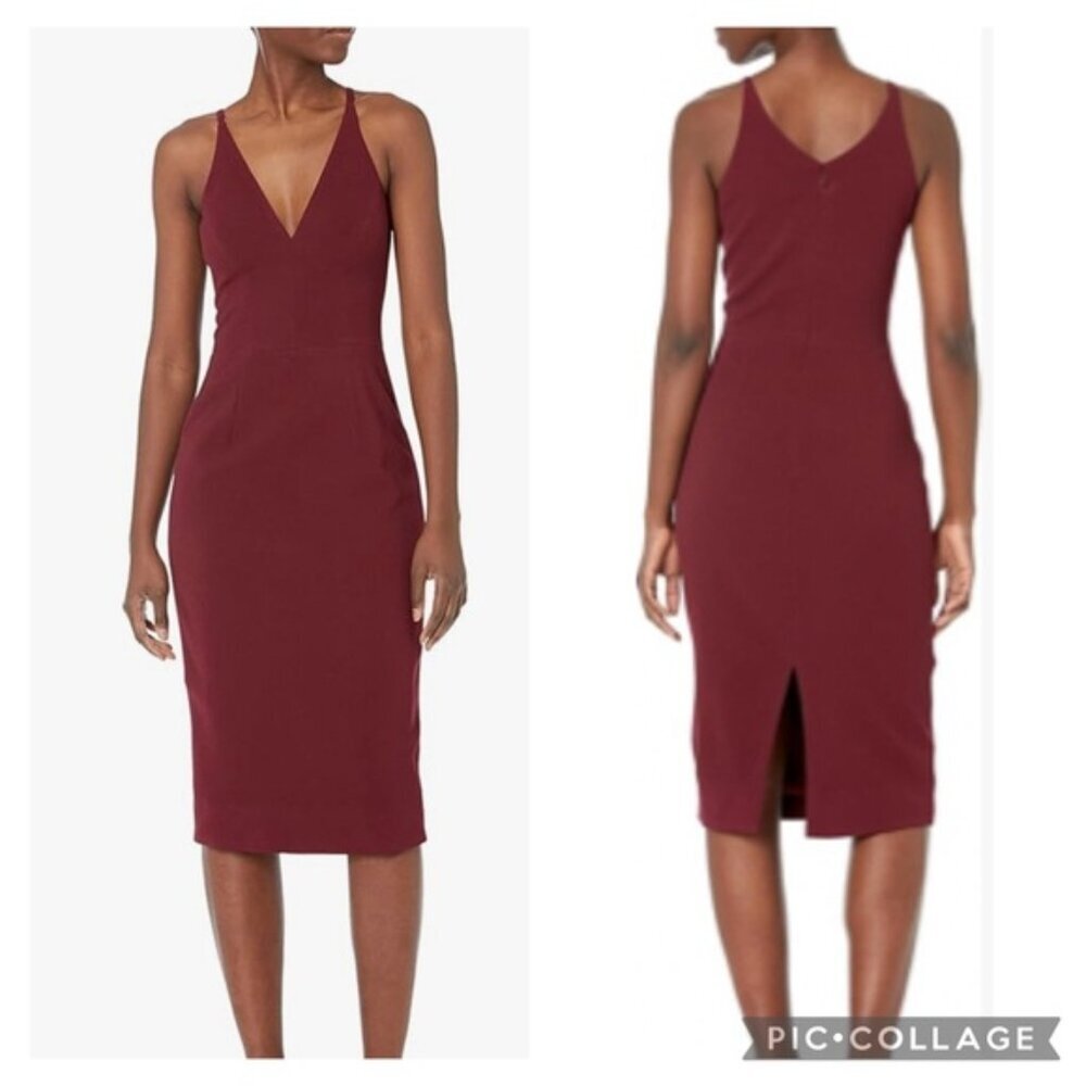 Dress the Population Womens Lyla Plunging Sleeveless Fitted Midi Sheath Dress s